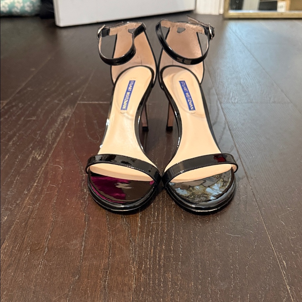 Stuart Weitzman Black Patent Leather Ankle-Strap Sandals